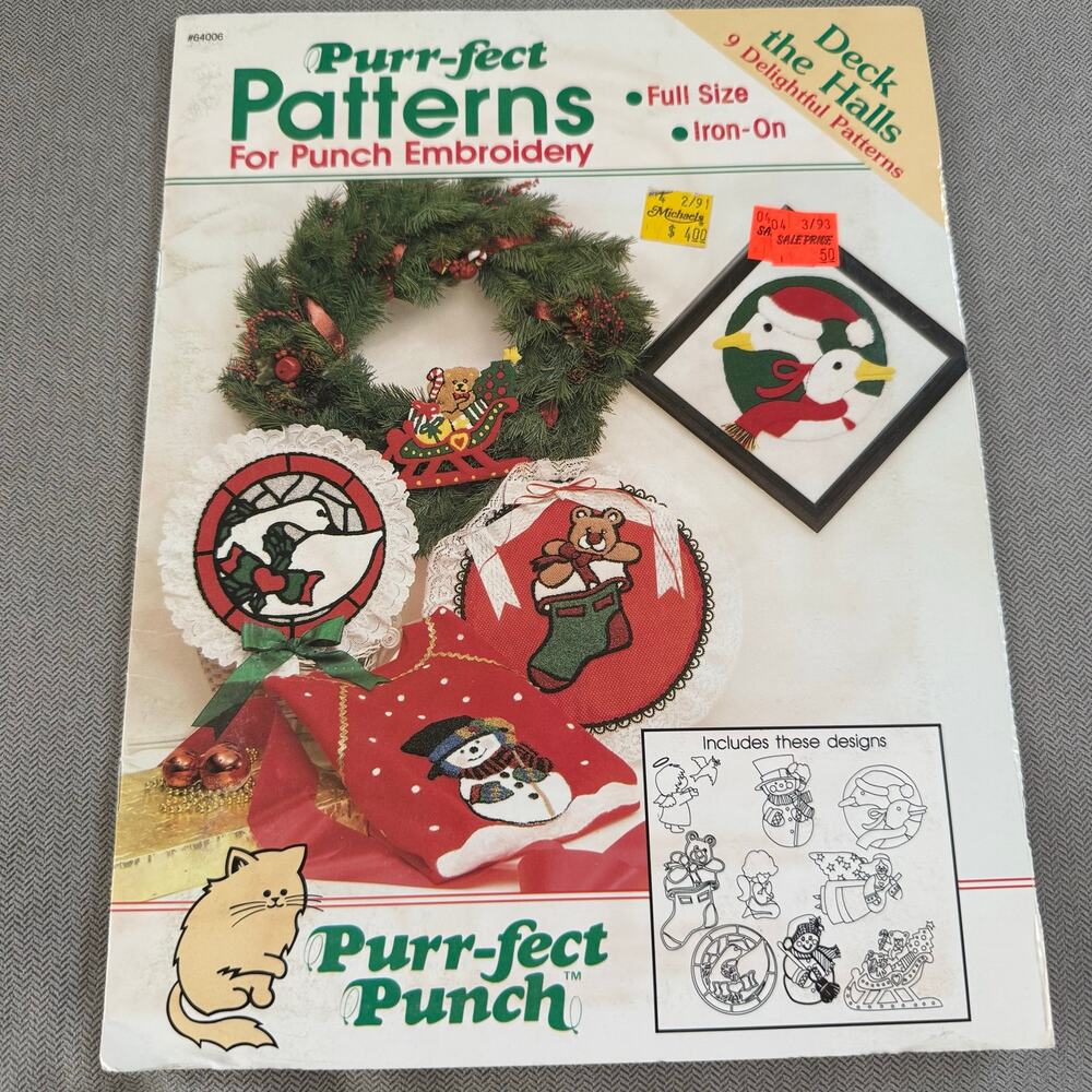 Vintage Purr-fect Punch Deck the Halls Christmas Embroidery Iron-On Patterns
